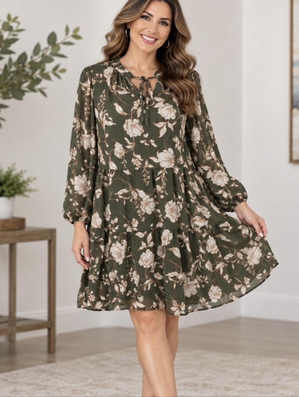 Indigo Rose Women's Plus 1X Olive Green Floral Tiered Shift Dress (SKU 0065)
